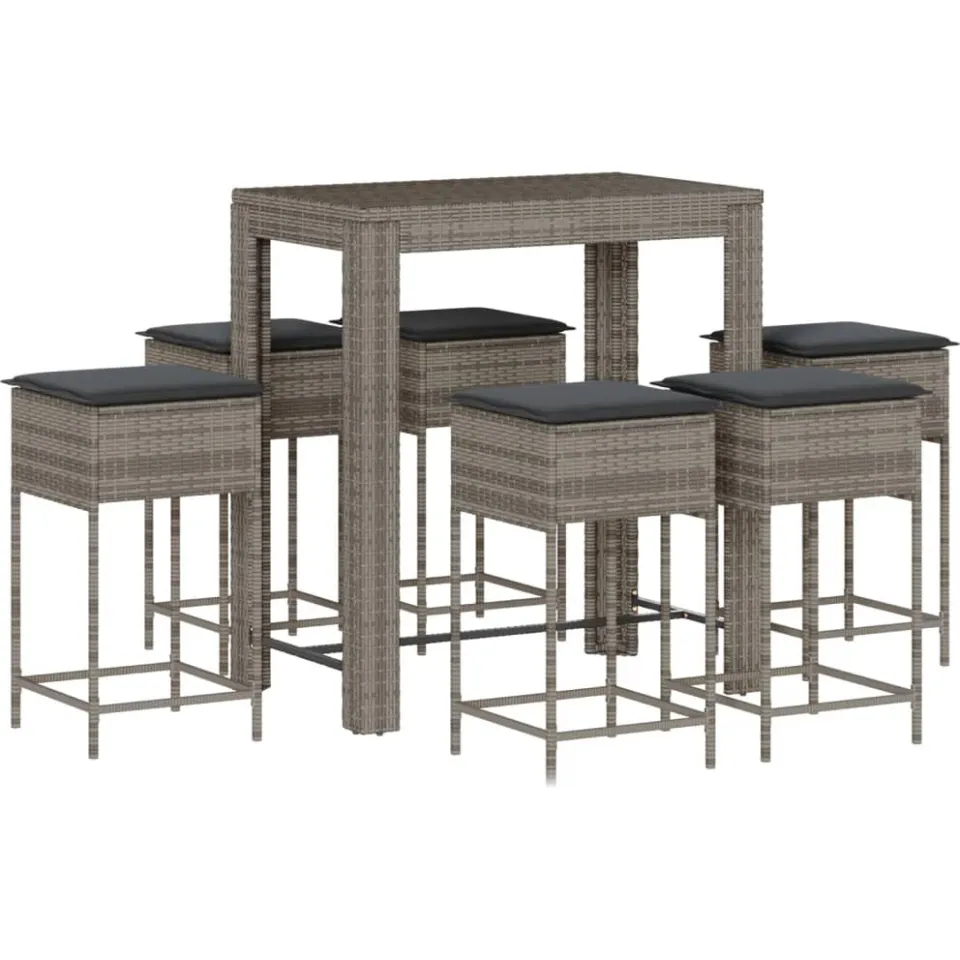 vidaXL 7-delige Tuinbarset met kussens poly rattan grijs