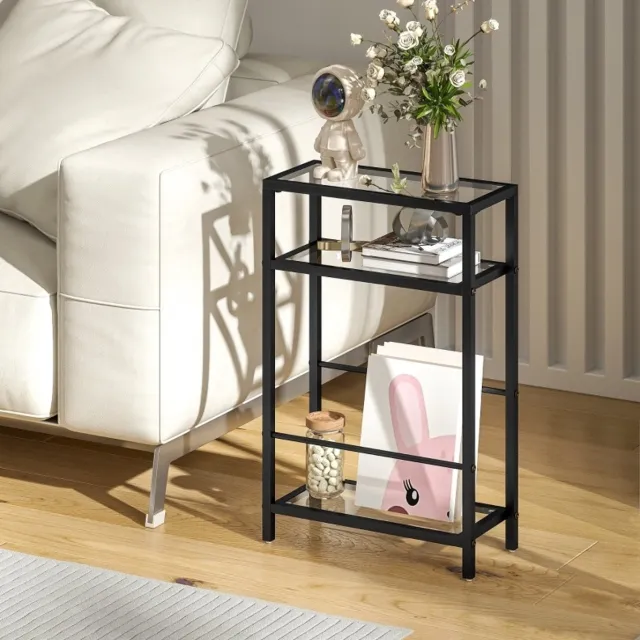 MEUNIQ Bijzettafel 40 x 18 x 62 cm met 3 glazen niveaus en stalen frame, smalle tafel voor woonkamer of slaapkamer, zwart