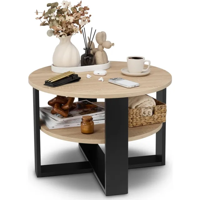 defiPad Ronde Salontafel - Industrieel - Groot Ø70 cm met Plank, Zwart + Eiken Sonoma