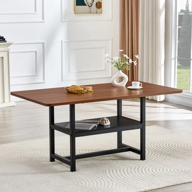 MEUNIQ eettafel 160 x 90 x 76 cm rechthoek met opbergplank voor 4-6 personen, walnootkleurig MDF tafelblad en zwarte metalen poten, industrieel Zwart, walnootkleurig