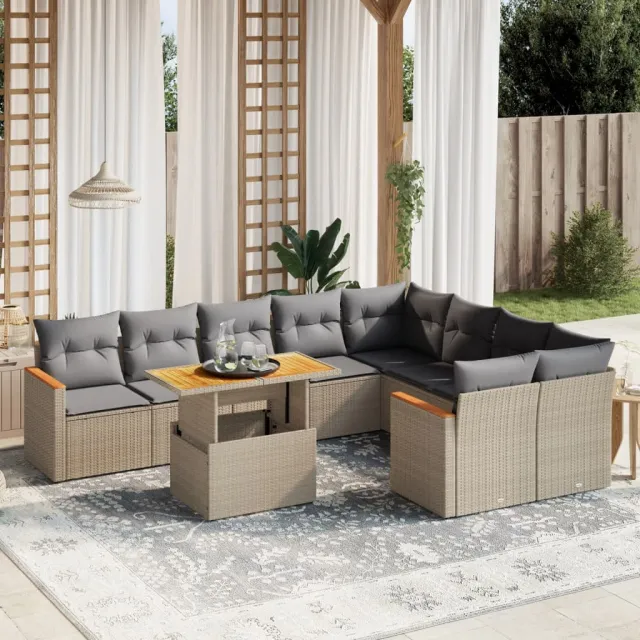 vidaXL 10-delige Loungeset met kussens poly rattan beige, foto 2