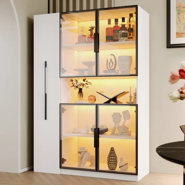 REDOM Vitrinekast - LED-verlichting met kleurwisseling - Uittrekbare zijplanken - MDF en glazen front - Wit - 110 x 35 x 160 cm