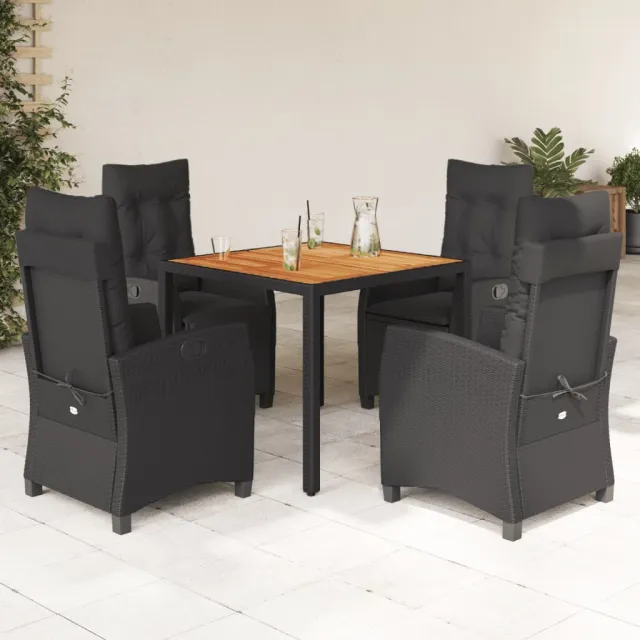 vidaXL 5-delige Tuinset met kussens poly rattan zwart