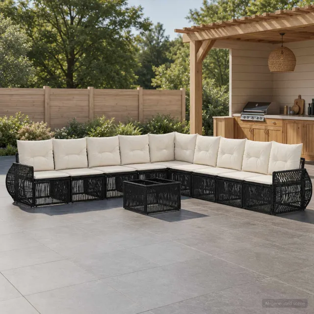vidaXL Tuinbankenset 10 st 9-zits Zwart en Cream Wit poly rattan, foto 2