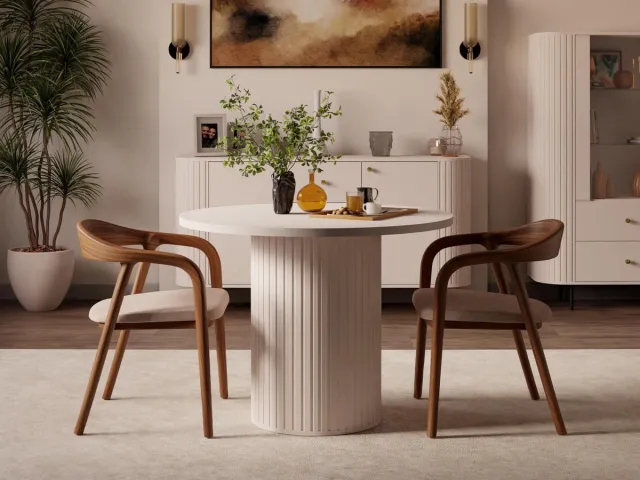 Compleo24 Ronde Eettafel- moderne Beige- 100 cm- Eettafel met geribbelde basis