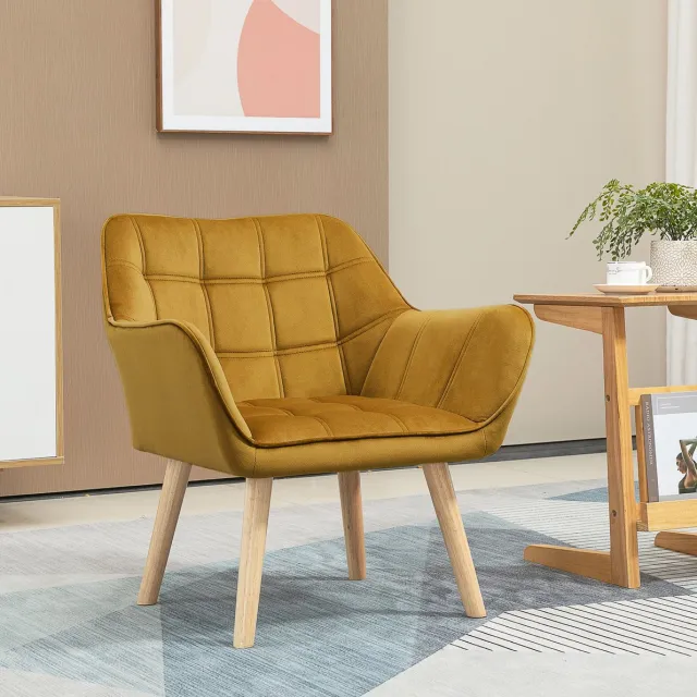 REDOM Fauteuil - Met armleuningen - Gestikte bekleding - Hoge houten poten - Scandinavisch - Woonkamer of kantoor - Polyester - Geel - 67 x 61,5 x 71 cm Yellow
