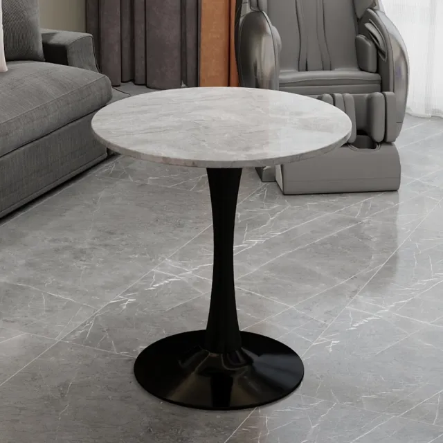 KOMHTOM Ronde Salontafel en Eettafel - Mid-Century Modern Stijl - 27,6 Inch - Rond Marmeren Tafelblad met Lichtgrijze Adering - Zwart - Geschikt voor 2-4 Personen