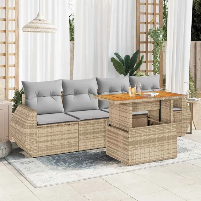 vidaXL 5-delige Loungeset met kussens poly rattan beige, foto 2