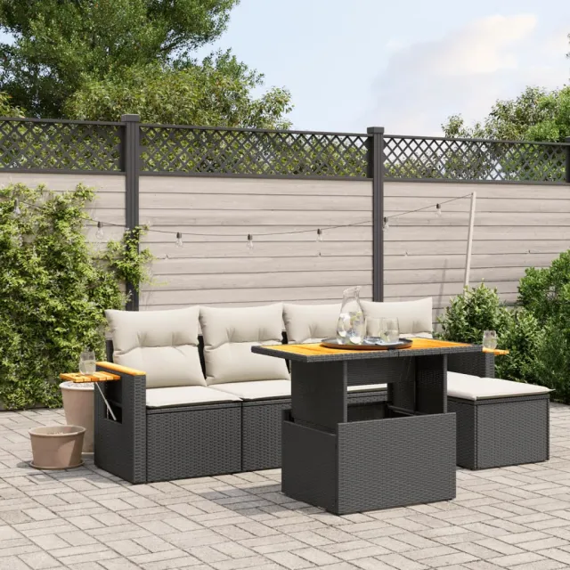 vidaXL 6-delige Loungeset met kussens poly rattan zwart, foto 2