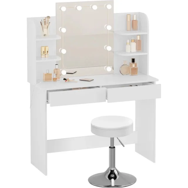 DHN Kaptafel set Met Led Verlichting - en Kruk in hoogte verstelbaar - Moderne Make - up tafel met Spiegel - Chique Kaptafel met verlichting Wit