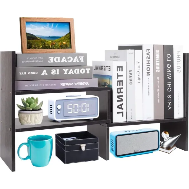 Provento Verstelbare houten boekenplank bureau organizer displayrek - Uitbreidbare kantoorbenodigdheden opslag - Boekenkast verjaardagscadeaus - Zwart. Any