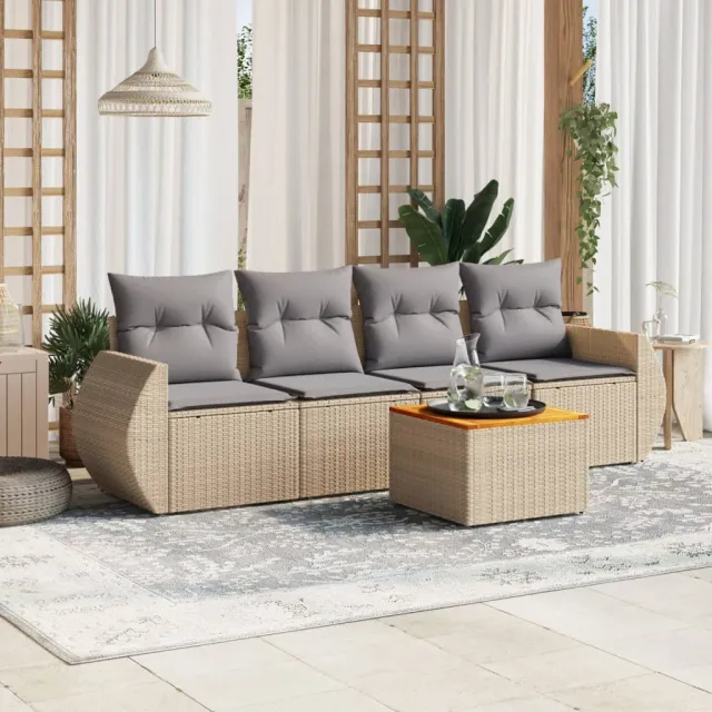 vidaXL 5-delige Loungeset met kussens poly rattan beige, foto 2