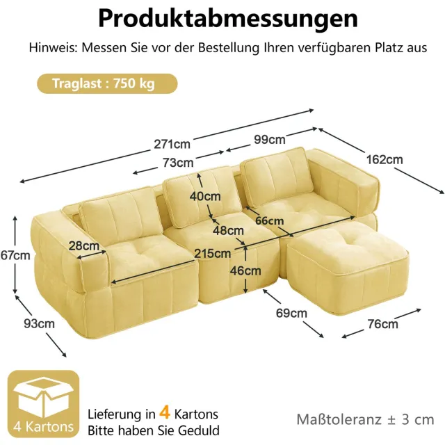 MIVRAY Hoekbank 3-Zits 271 X 162 X 67 Cm L-Vormig Modulair Zonder Armframe Met 1 Voetenbank Polyester Geel Voor Woonkamer