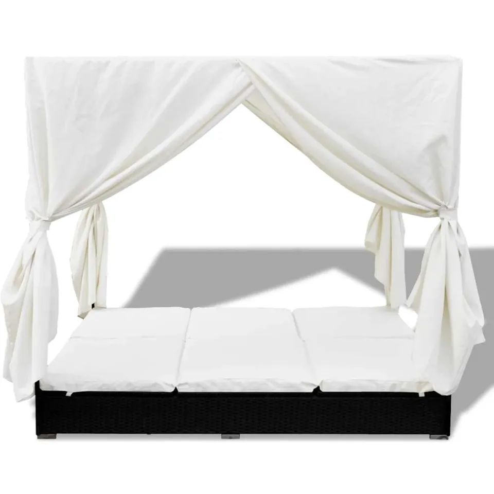 vidaXL Loungebed met gordijnen poly rattan zwart, foto 4