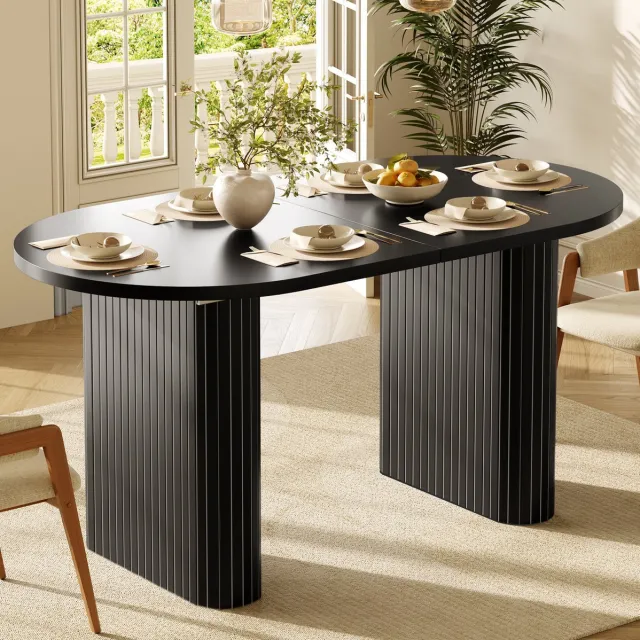COVREO Eettafel 120-160 x 80 x 75,5 cm - uitschuifbaar, ovaal, MDF en metaal, zwart
