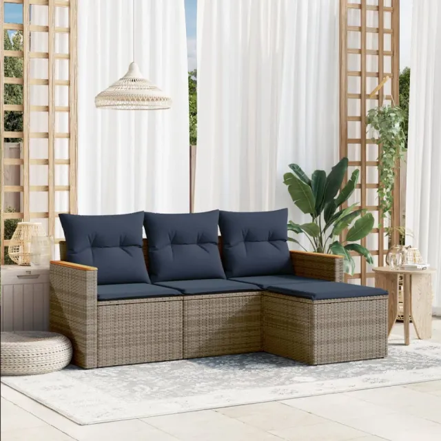 vidaXL 4-delige Loungeset met kussens poly rattan grijs, foto 2