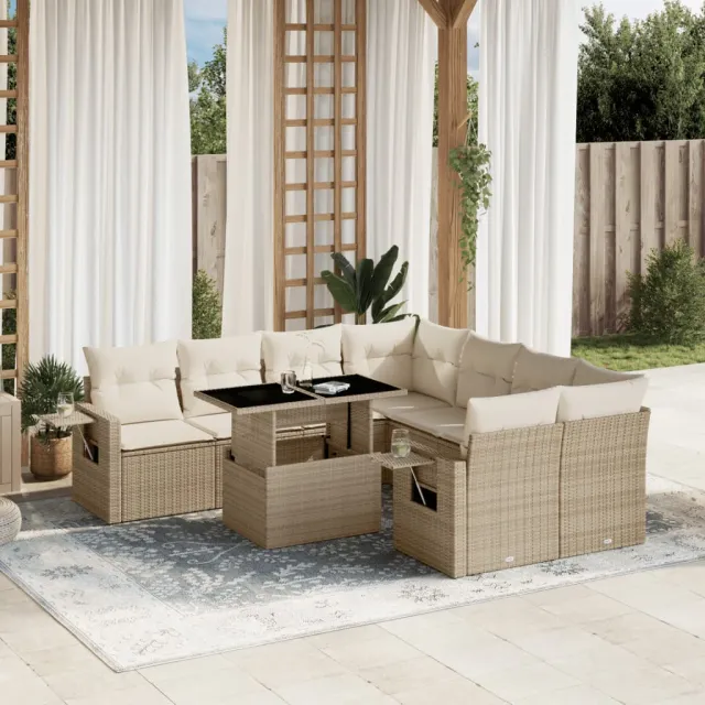 vidaXL 9-delige Loungeset met kussens poly rattan beige, foto 2
