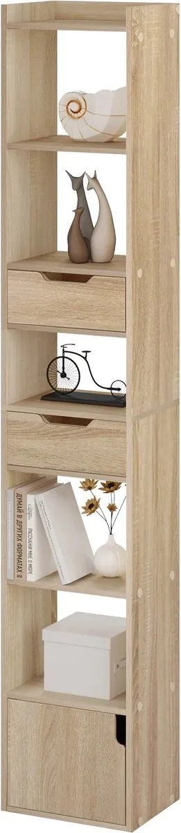BukkitBow Staande Boekenkast - Eiken Hout met Melamine Fineer - Ruime Opslag met Deur en Laden - Licht Eikenhout