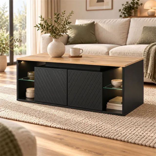 City long dragon LONG DRAGON – Salontafel – Ledverlichting, 2 deuren en halfopen opbergvakken – Zwart – 100 × 50 × 41 cm