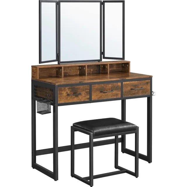 FurnStar Kaptafel - Kaptafel met spiegel - 3 laden - Haardrogerhouder - Industriële stijl - 40 x 90 x 141 cm - Rustiek bruin-zwart