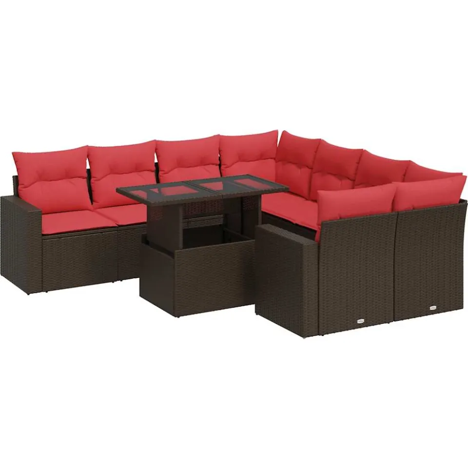vidaXL 9-delige Loungeset met kussens poly rattan acacia bruin, foto 3