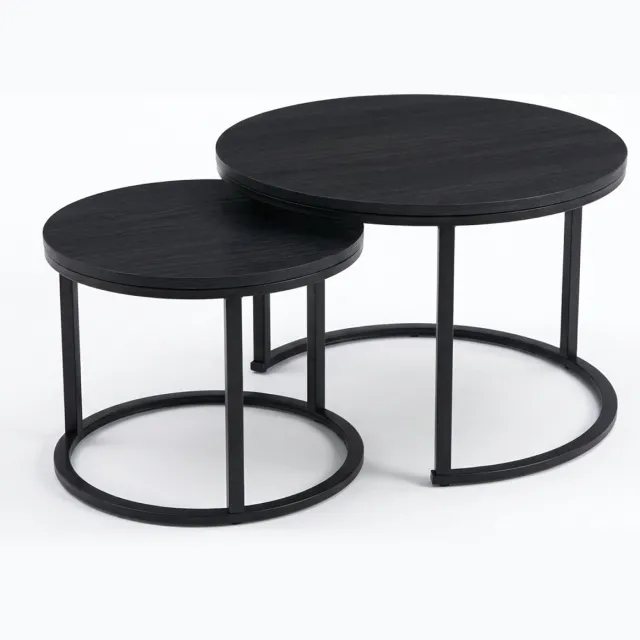 EleganceEssentials Salontafel Rond Set van 2 – Zwart Houtlook – Ø70 en Ø50 cm – Industrieel