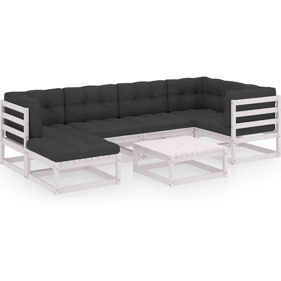 vidaXL 7-delige Loungeset met kussens massief grenenhout wit, foto 3