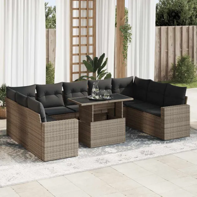 vidaXL 10-delige Loungeset met kussens poly rattan acacia grijs, foto 2