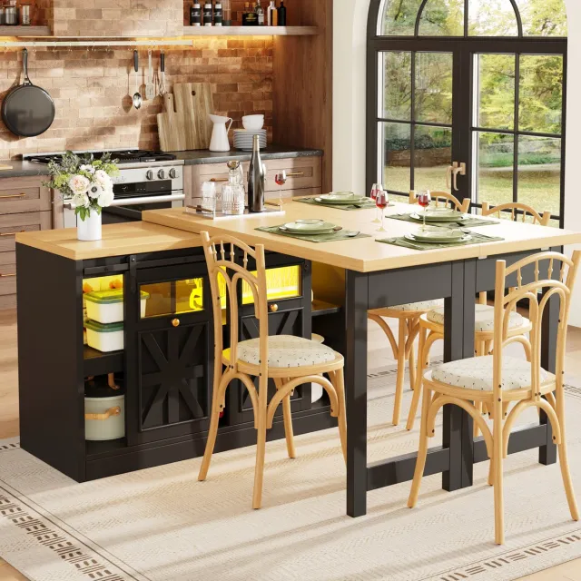 Wishdor Eettafel - Multifunctioneel keukeneiland en sideboard - Draaibare tafelbladen en uitklapbare zij-uitbreiding - Modern zwart wit - Keuken eetkamer - MDF en glas - 120 x 40 x 72 cm