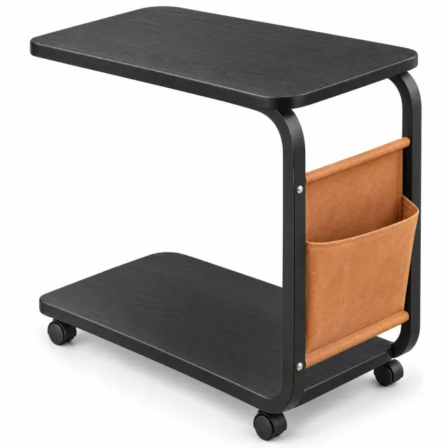 Levano Bijzettafel - Sidetable Zwart - Bijzettafeltjes Woonkamer - Laptoptafel op Wielen - Bedtafel Verrijdbaar - Banktafel Zwart - Laptoptafeltje voor Bank - Sofa Tafel - Tafel voor Bed - Tafeltje met Wieltjes - Tafeltje met Opbergruimte