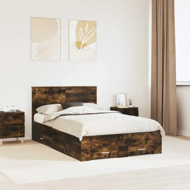 vidaXL Bedframe Gerookt eiken 135 x 190 cm Bewerkt hout Bruin