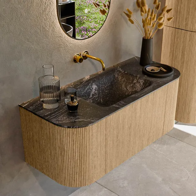 Mondiaz KURVE-DLUX 110 cm Onderkast Greeploos 1 Lade Met Deuren Oak, Wastafel Solid Surface Midden Lava 0 Kraangaten Zonder Spiegel (KRVCLO110L+R1L2D0KM-Oak/Lav)