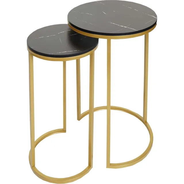 MCW Set van 2 bijzettafels MCW-K46, salontafel nachtkastje loungetafel, marmeren look MDF ~ zwart-goud