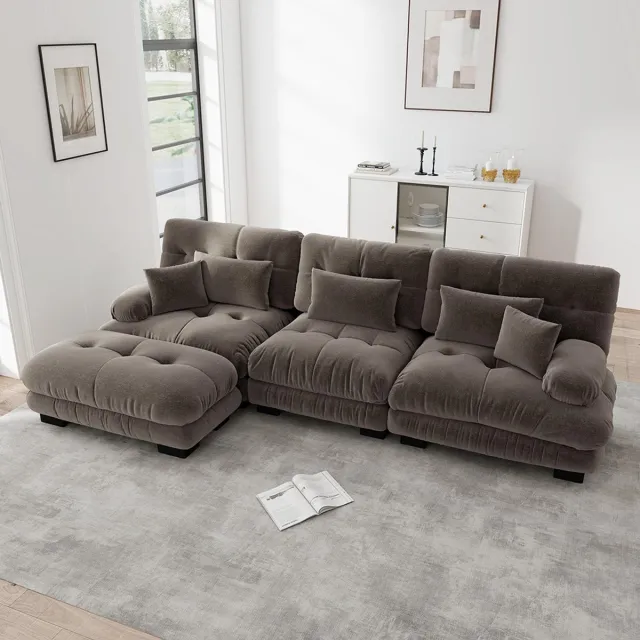 KOMHTOM Luxe modulaire hoekbank – Reusachtige L-vormige Cloud-bank voor de woonkamer, Diepe slaapbank met chaise longue, Cordé, Bruin chenille