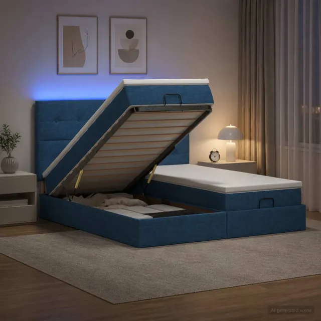 vidaXL Ottoman Bed met Matrassen en LED Blauw 200 x 200 cm Stof