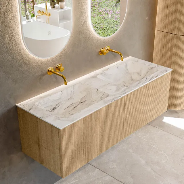 Mondiaz KURVE-DLUX 130 cm Onderkast Greeploos 2 Lades Zonder Deuren Oak, Wastafel Solid Surface Dubbel Glace 0 Kraangaten Zonder Spiegel (KRVLEA1302L0D0KD-Oak/Gla)