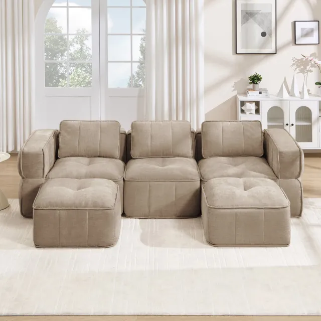 REDOM U-bank - 3-zits modulsofa met 2 hockers - 32D hoogdichtheidsschuim - diepe zit - brede armleuningen - zonder montage - polyester - Zand - 271 x 162 x 67 cm Sand