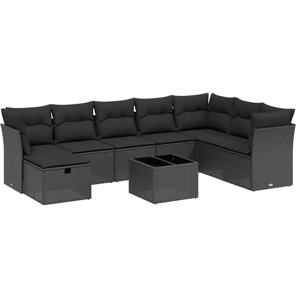 vidaXL 9-delige Loungeset met kussens poly rattan zwart, foto 4