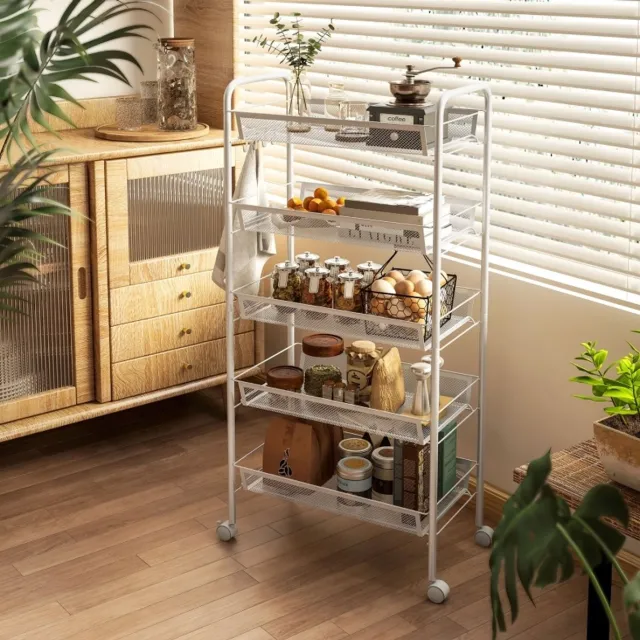 MEUNIQ keukenwagen 45 x 26,5 x 106 cm met 5 draadmanden, 4 afneembare haken, 4 wielen met 2 remmen en 2 grepen, stalen opbergwagen voor keuken of badkamer, wit
