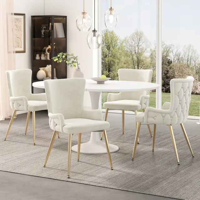 FloraGrace Eetkamerstoel 4-Delig Set - Velvet Met Armleuningen En Gouden Metalen Poten - Modern Luxe Voor Eetkamer En Woonkamer - Beige