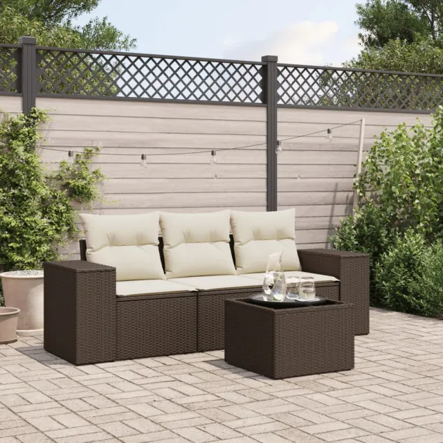 vidaXL 4-delige Loungeset met kussens poly rattan bruin, foto 2