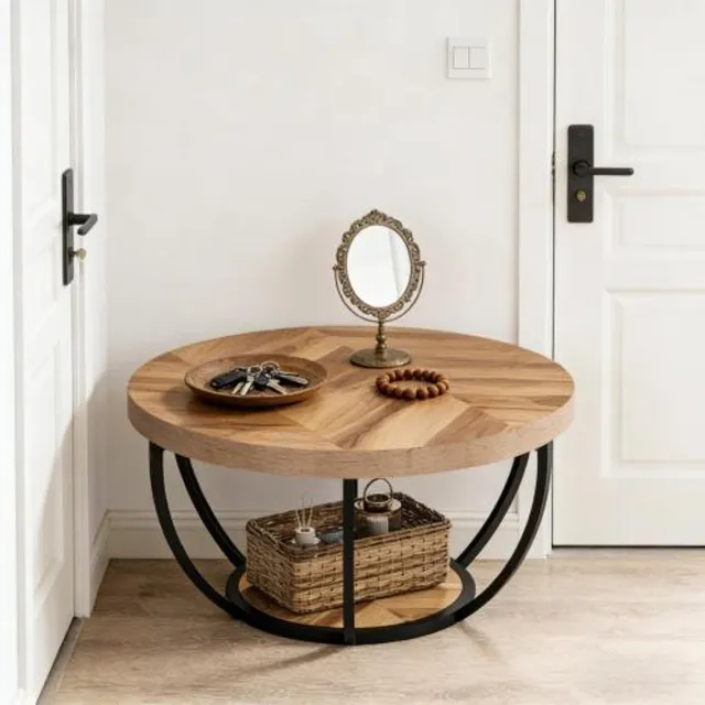 HAUSS SPOLE Salontafel - Ronde Tafel Met 2 Niveaus En Metalen Frame - Voor Woonkamer Kantoor Of Ontvangstruimte - Hout En Metaal - 80,5x80,5x44 Cm - Houtkleur