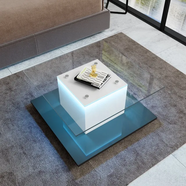 OKWISH Koffietafel - Salontafel Hoogglans Met LED-En Opbergruimte - Vierkante Woonkamer Tafel Met Wieltjes - 80x40x80 cm - Spaanplaat - Wit en Zwart