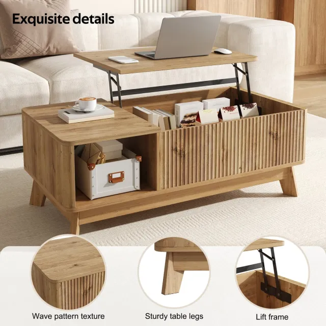 HAUSS SPOLE Salontafel - Met Hefbaar Tafelblad En Opbergruimte - Voor Woonkamer En Werken - MDF - 95x48x50 Cm - Naturel