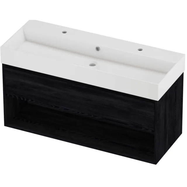 Proline Zara Badmeubelset Porselein Loft 2 Kraangaten Met Schap 120x46x65 cm Glans Wit Black Oak Eiken
