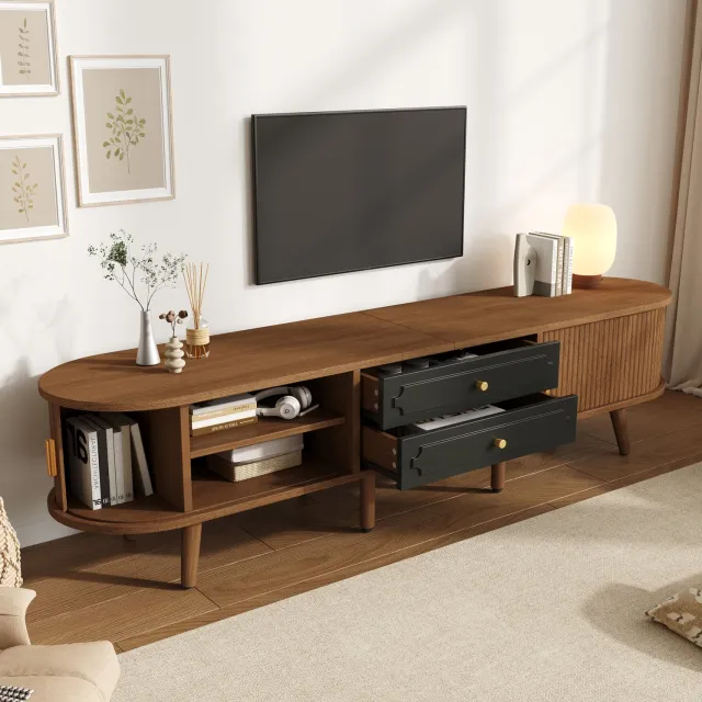 MODENUIT Tv-meubel - 2 Lades en 2 Schuifdeuren - Voor de Woonkamer - Mdf en Hout - Walnootkleur - 170x40x43 Cm