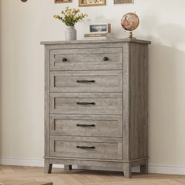 Triumpunpre Grijze commode met 5 lades, 105 cm hoog | Vrijstaande houten opbergkast met veel opbergruimte voor slaapkamer en woonkamer, 80 x 40 x 105 cm grijs