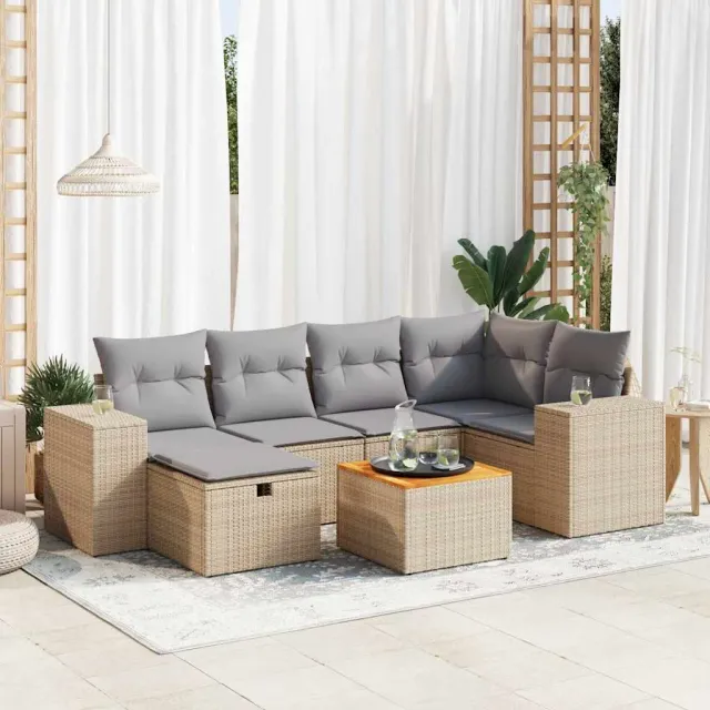 vidaXL 7-delige Loungeset met kussens poly rattan beige, foto 2