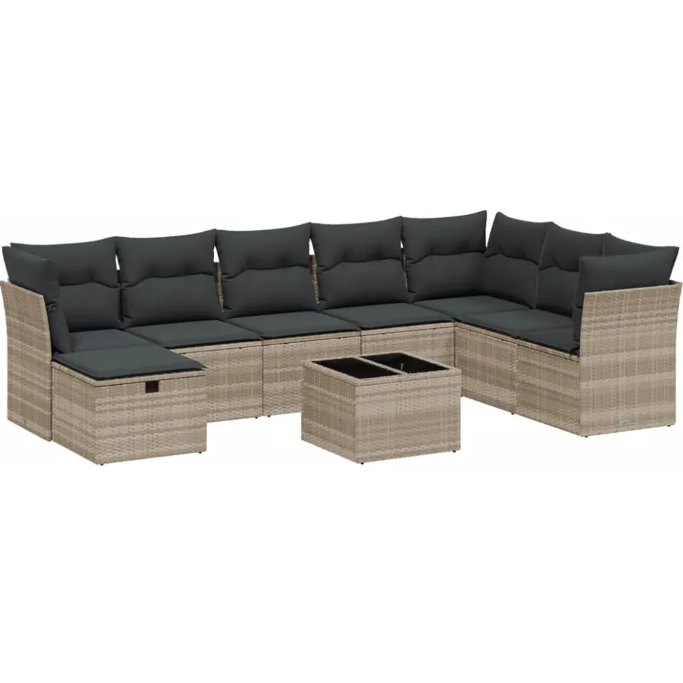 vidaXL 9-delige Loungeset met kussens poly rattan lichtgrijs