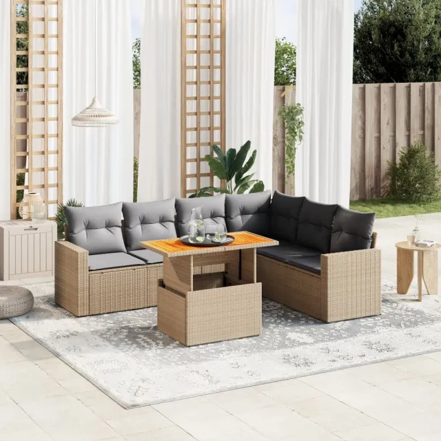 vidaXL 7-delige Loungeset met kussens poly rattan beige, foto 2